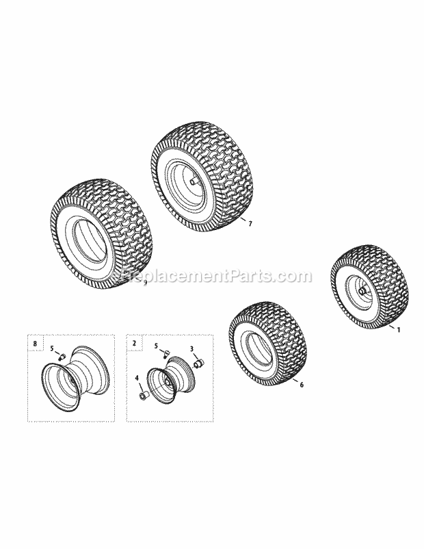 Front And Rear Wheels Diagram and Parts List for LTX1040 (13AX90AS056, 13WX90AS009, 13WX90AS010, 13WX90) (2014) Cub Cadet Lawn Tractor